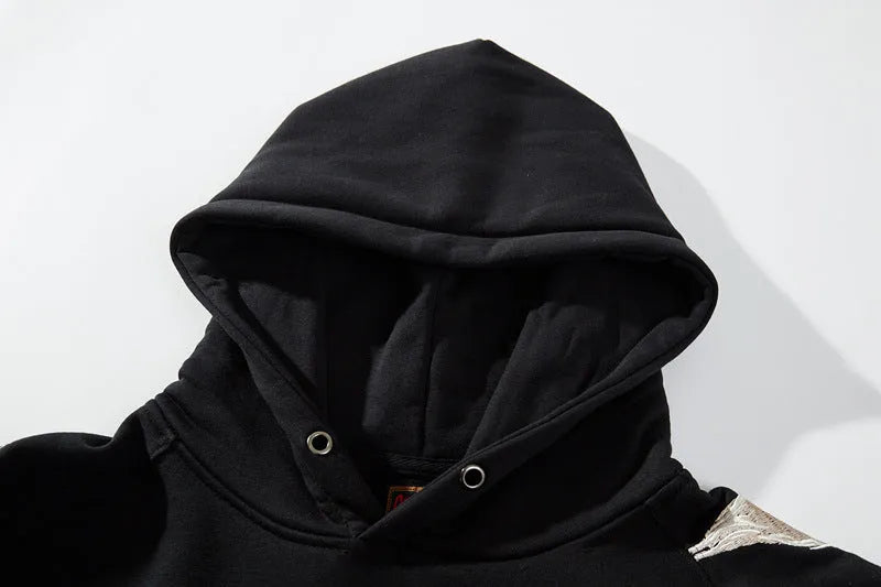 Men's black terry cloth hoodie with full width Chinese embroidery, front view, Asian sizing