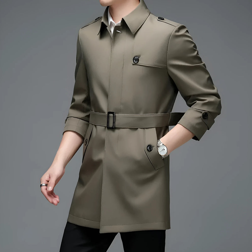 Men's mid-length lapel trench coat in khaki, 65cm length, chemical fibre blend, side view