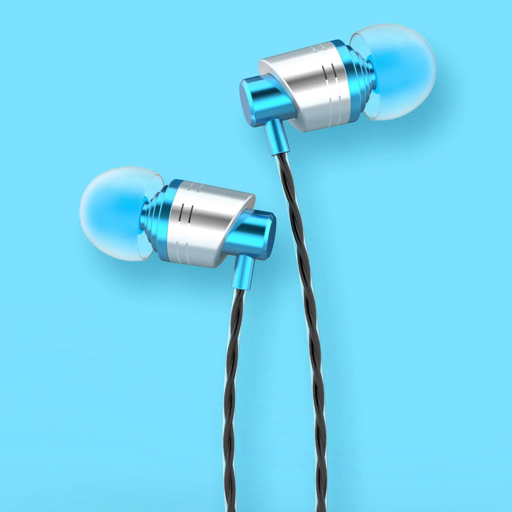 Black wired in-ear headphones with a 3.5mm plug, microphone on the cable, and silicone ear tips.