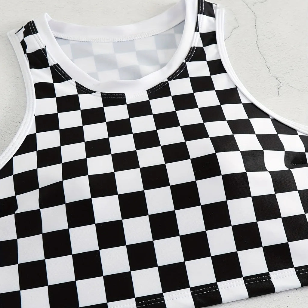 Women's racing one-piece swimsuit with suspender straps and chessboard pattern