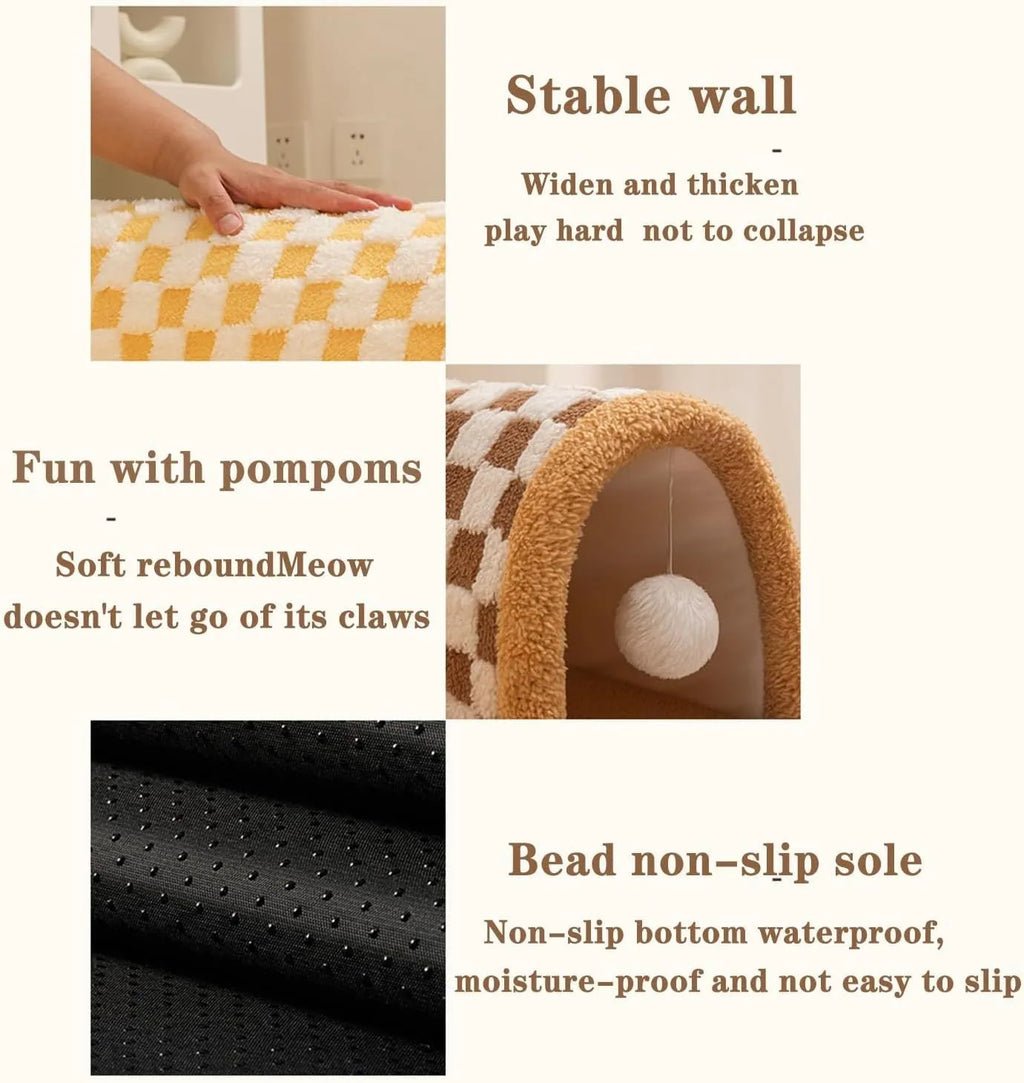 Brown plush plaid cat tunnel bed with a central mat, shown on a wooden floor.