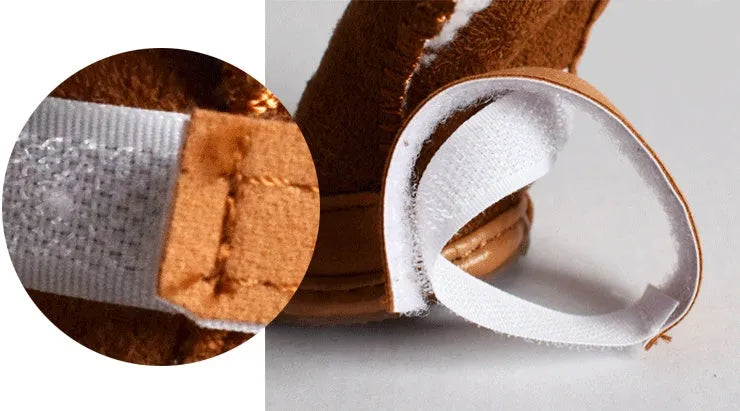 Four khaki velvet dog boots for winter snow walking, size options from small to extra large