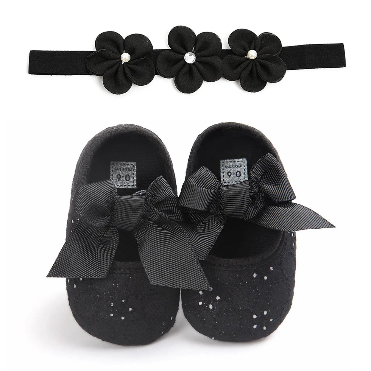 Soft sole pink baby princess shoes for infants shown next to size tags for 11cm, 12cm, and 13cm.