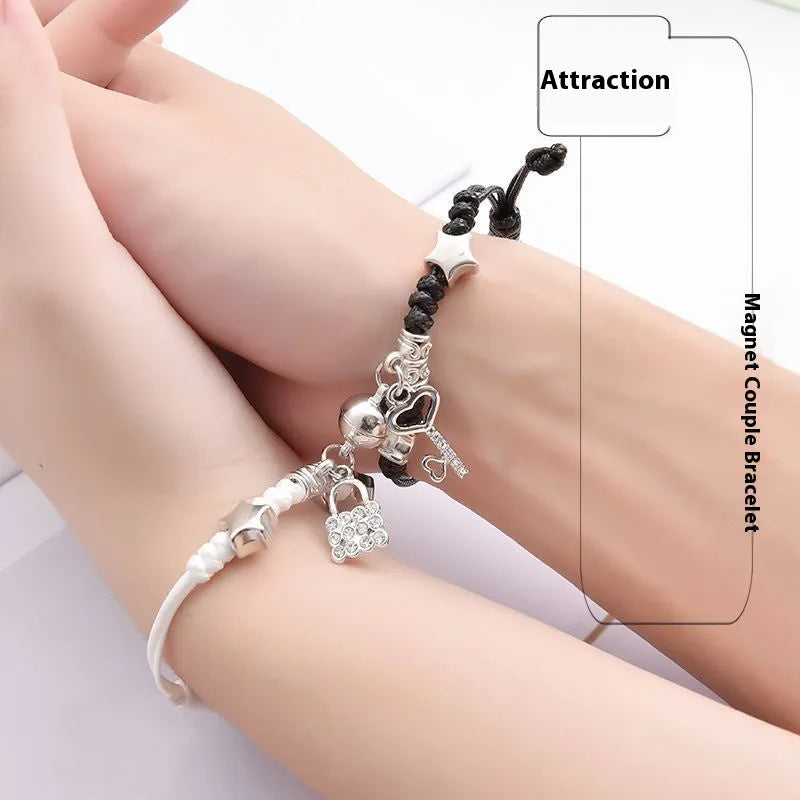 Magnetic couple bracelets with alloy electroplated finish showing multiple design styles including love locks and crown patterns