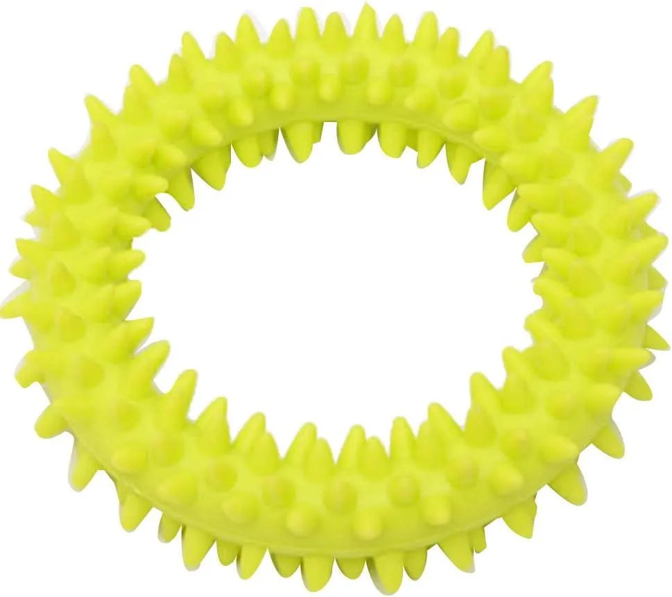 Blue TPR spiky circle ring dog chew toy for teeth cleaning on a white background.