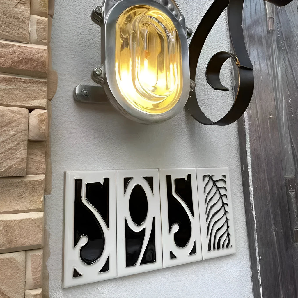 Handmade retro-style ceramic doorplate with a large, white vitreous enamel number 5 on a blue background.