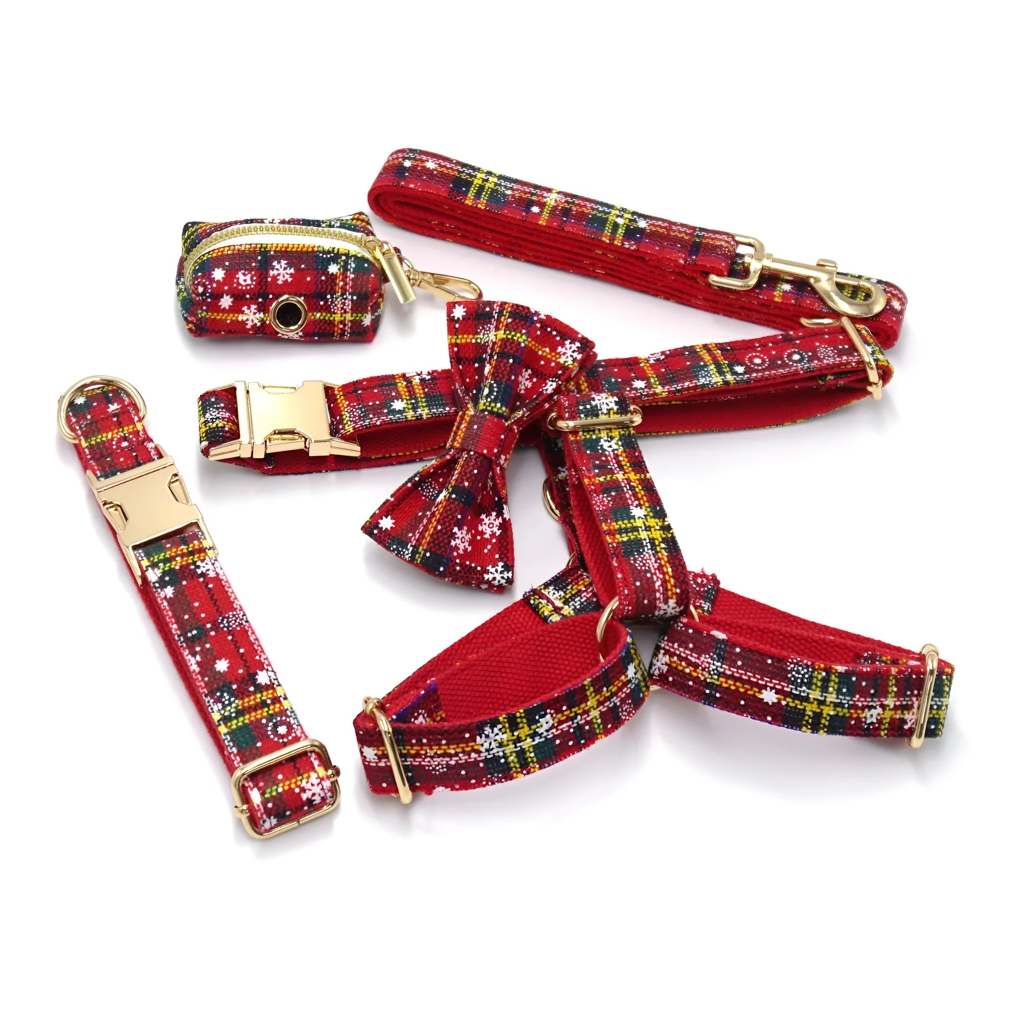 Red Christmas pet collar set with matching traction rope, bow, chest-back harness and waste bag holder