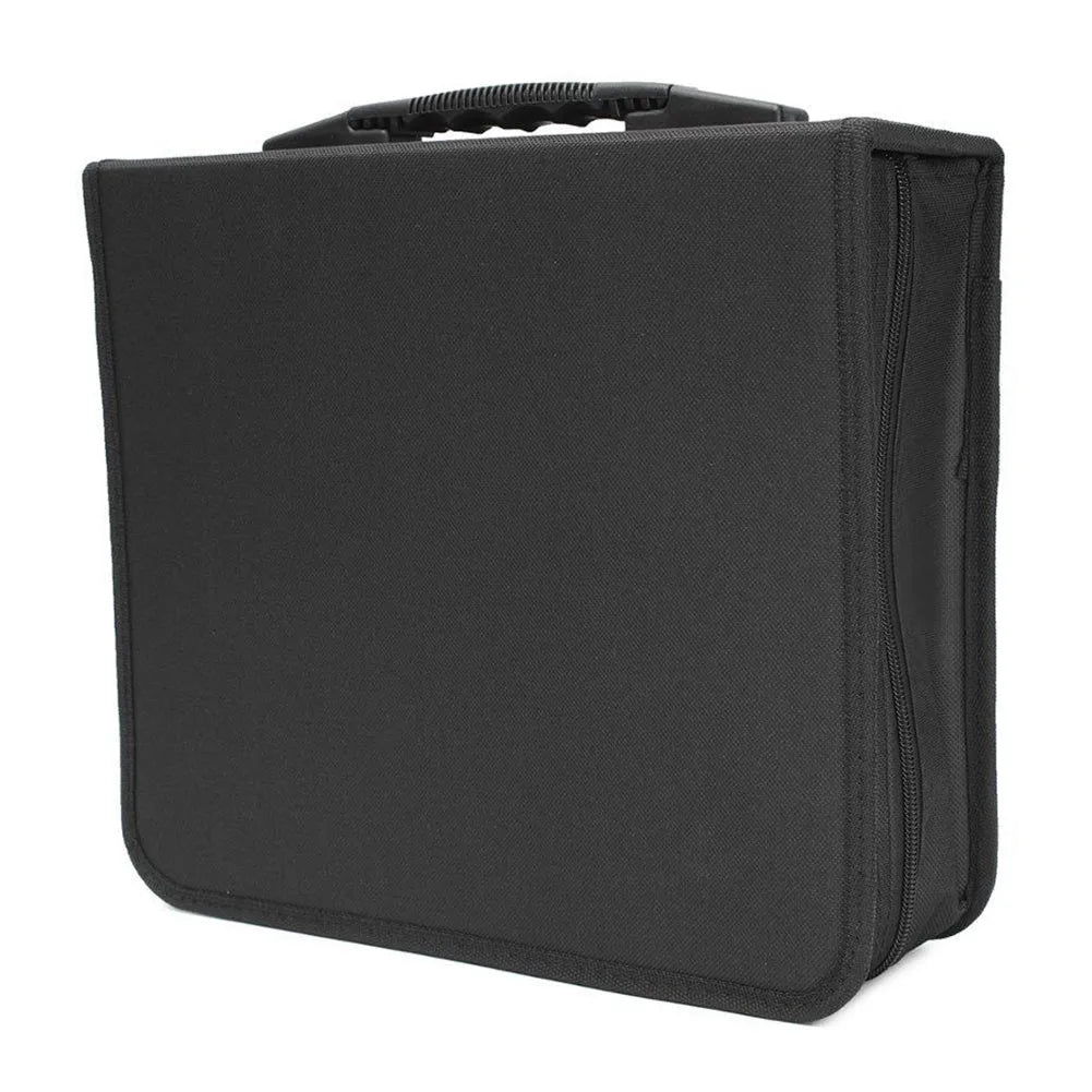 Black Oxford cloth CD storage binder with zipper closure and top carrying strap