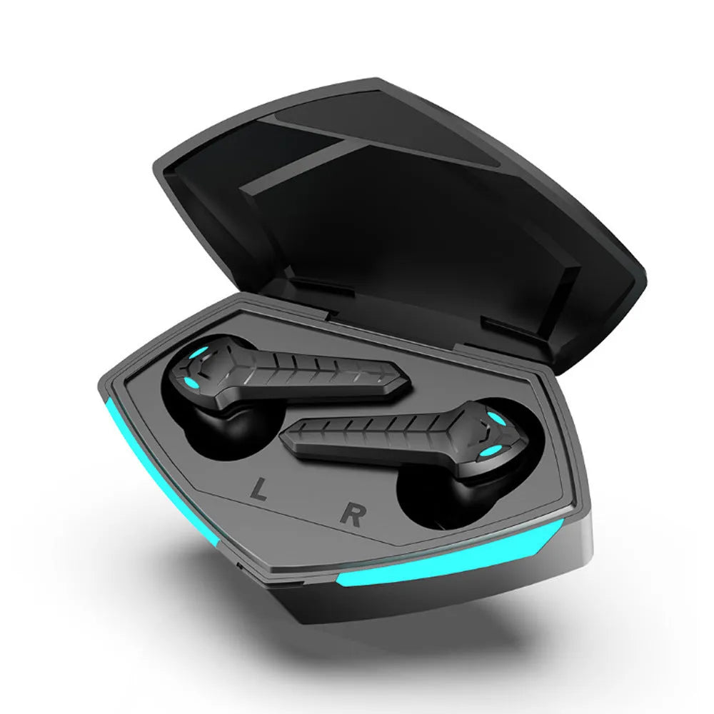 X15 wireless Bluetooth in-ear gaming headset with charging case, showing left and right earpieces.