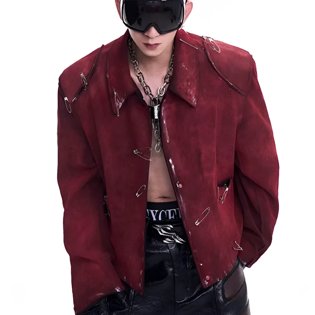 Men's red quilted jacket with decorative flocking and lapel collar in loose fit design