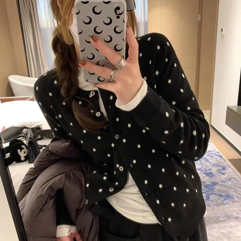 Women's grey dot knitted cardigan with crochet flowers, long sleeves, and loose fit