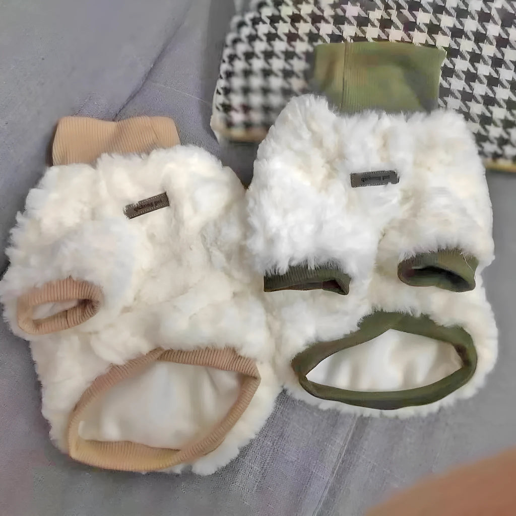 Creamy green turtleneck dog winter coat with thick plush padding on mannequin