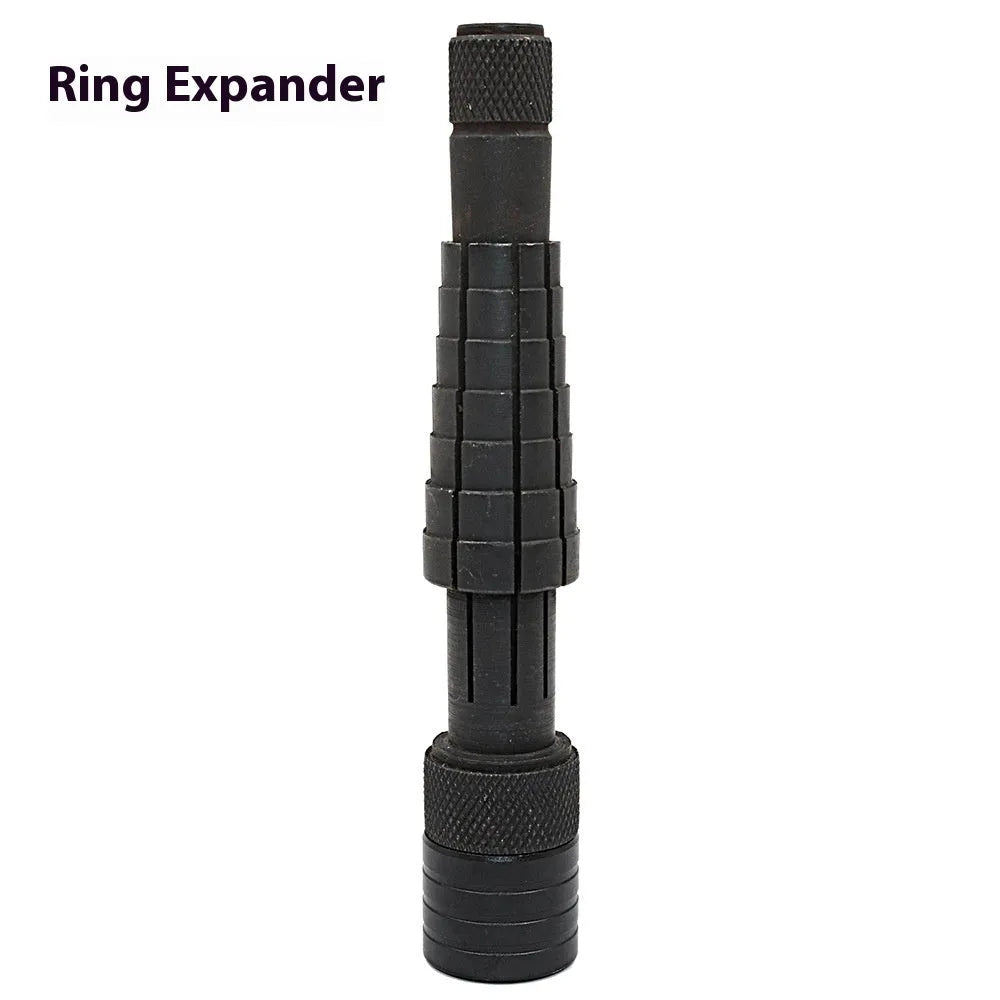 Ring expansion tool with stretcher mechanism and rubber hammer for jewellery size adjustment