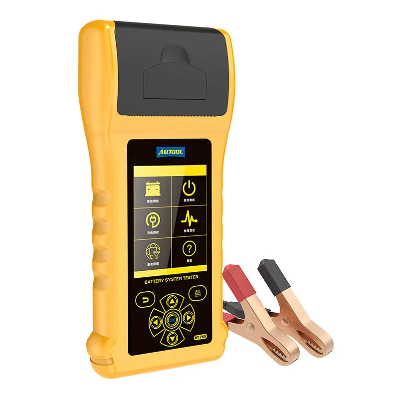 Autool BT760 vehicle battery tester with colour screen and red and black connection clips.