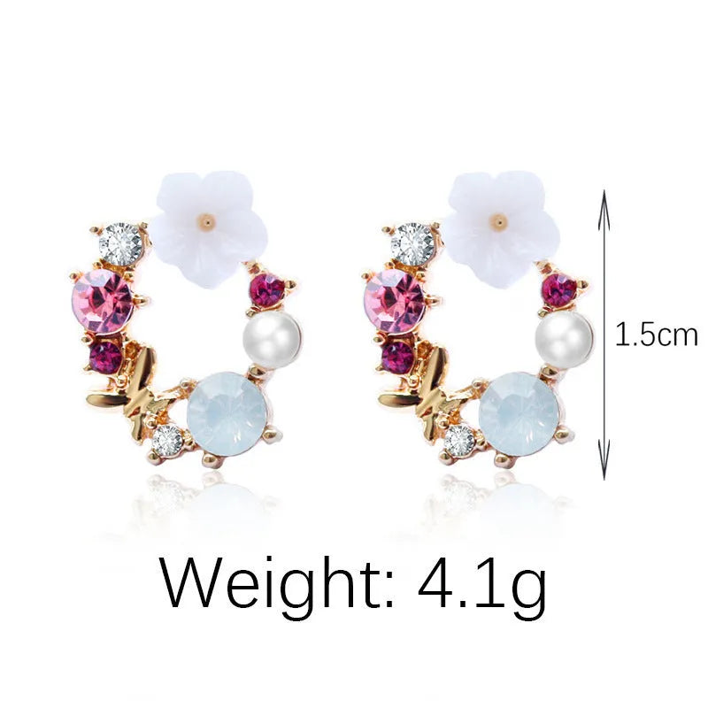 Sweet flower earrings for women alloy rhinestone blue