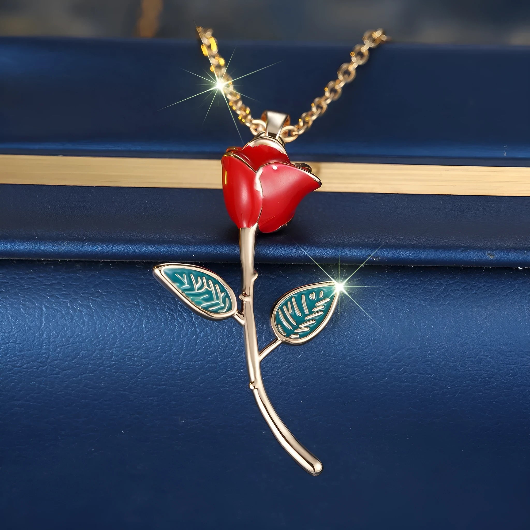 Close-up of a champagne gold rose-shaped copper pendant on an O-ring chain, with adjustable 41-50cm length.