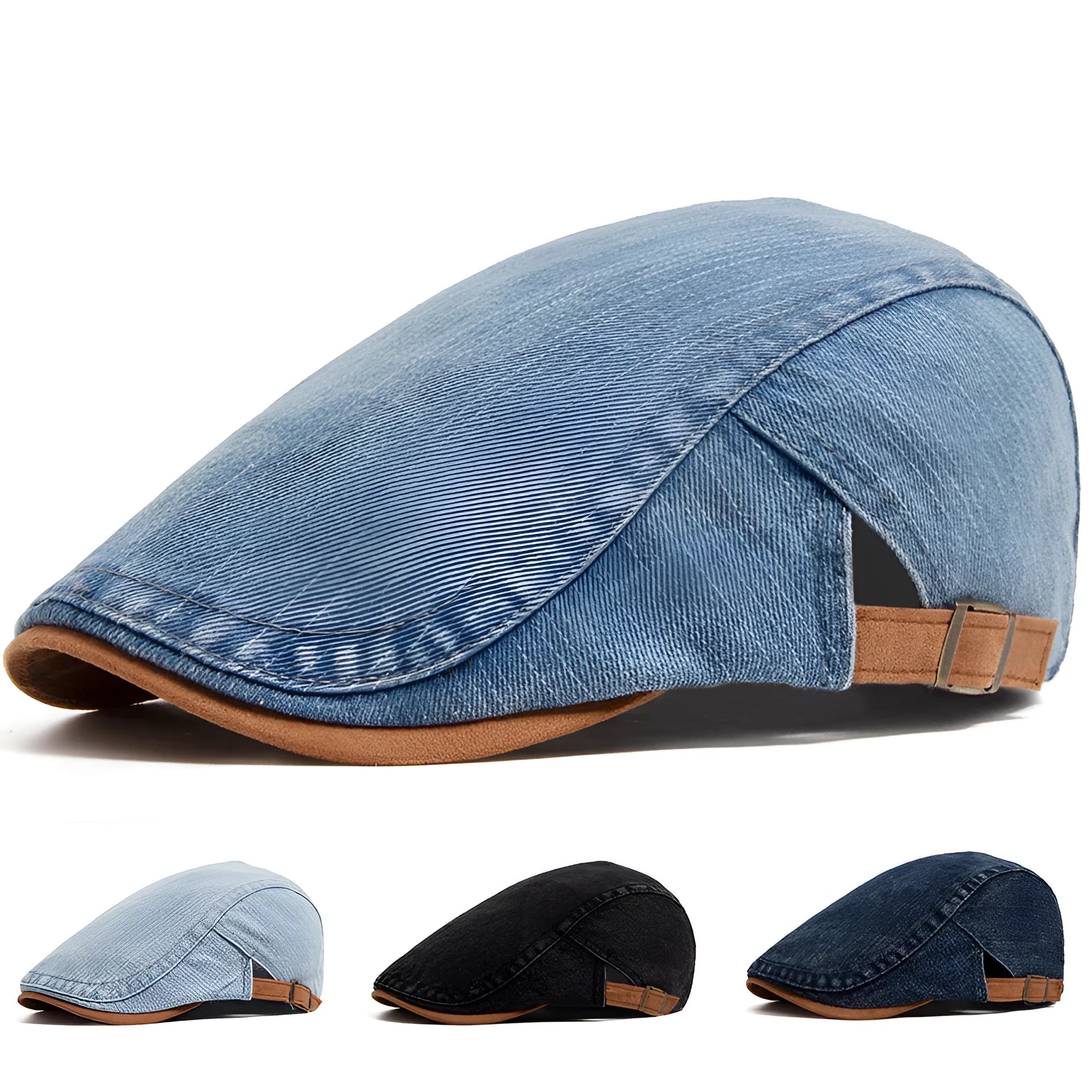 Retro men's cotton beret with dome crown in black, adjustable size