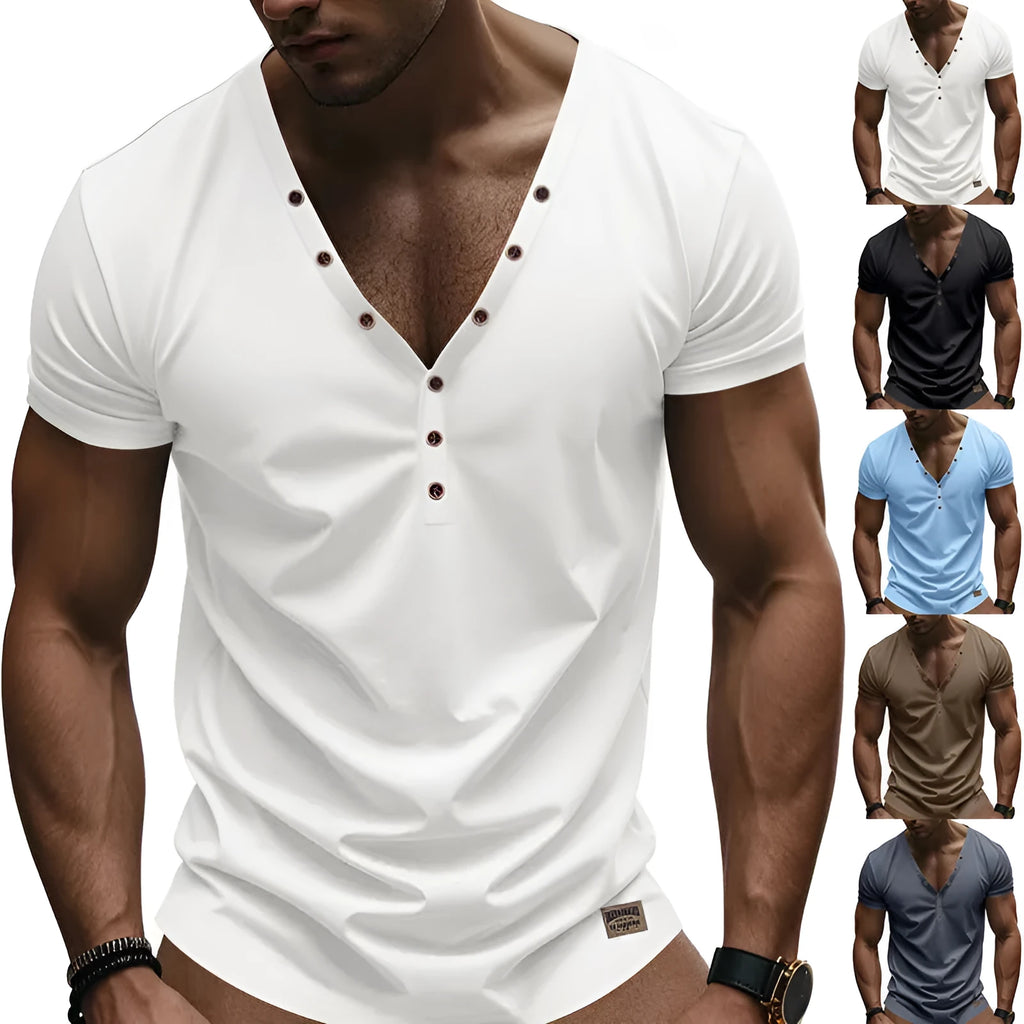 Men's loose V-neck T-shirt with button detailing in Chemical Fibre blend fabric