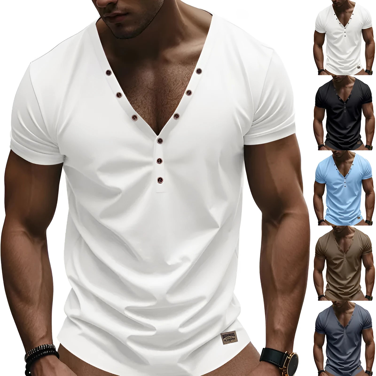 Men's loose V-neck T-shirt with button detailing in Chemical Fibre blend fabric