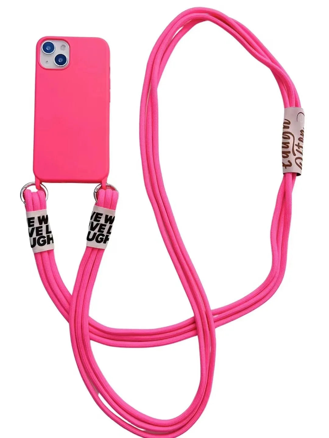 Diagonal lanyard soft TPU phone case for iPhone 13 in blue with grey neck strap on a white background