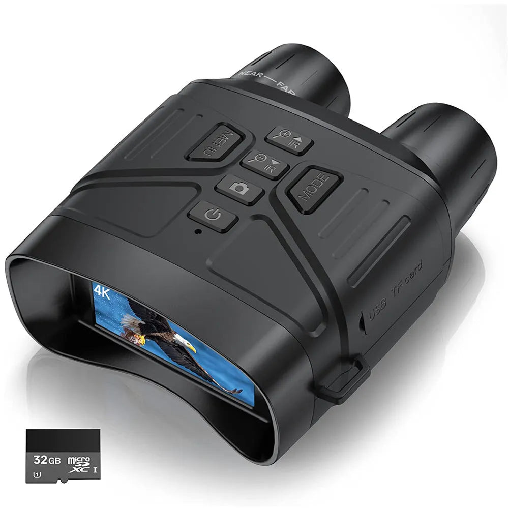 Black 4K night vision instrument with 3-inch screen showing night vision display