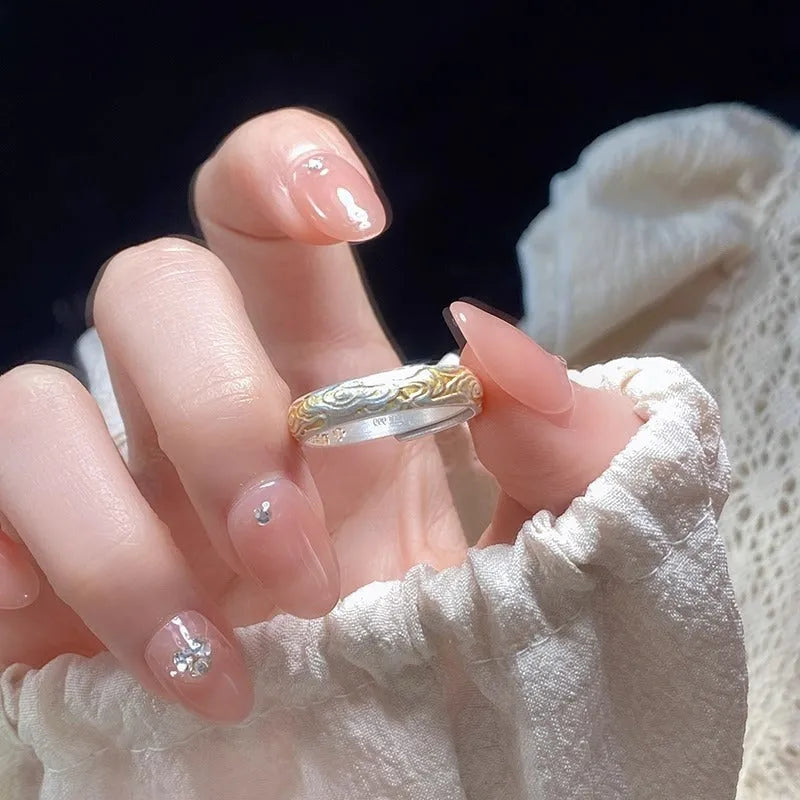White copper geometric ring with Xiangyun pattern in silver and gold electroplated finish, open mouth adjustable design