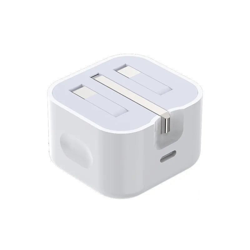 White 20W UK plug USB-C fast charger with a coiled Type-C charging cable.