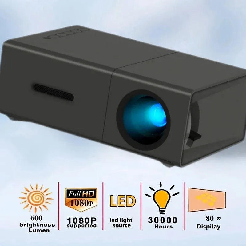 Compact white M100 mini LED home projector with remote control on a table.