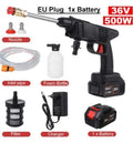 Handheld cordless electric car wash machine with aluminium alloy head, foam bottle, and accessories on a blue background.
