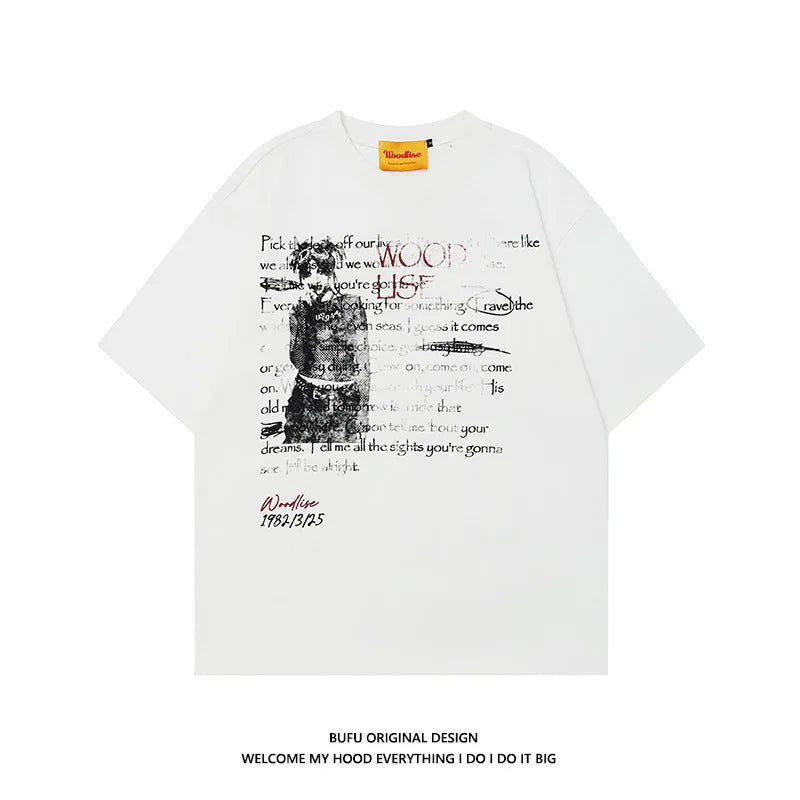 Men's black and white loose fit cotton t-shirt with printed letter design and raglan sleeves
