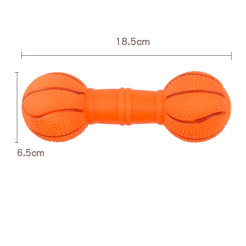 Football dumbbell shaped dog squeaky chew toy in multiple colours