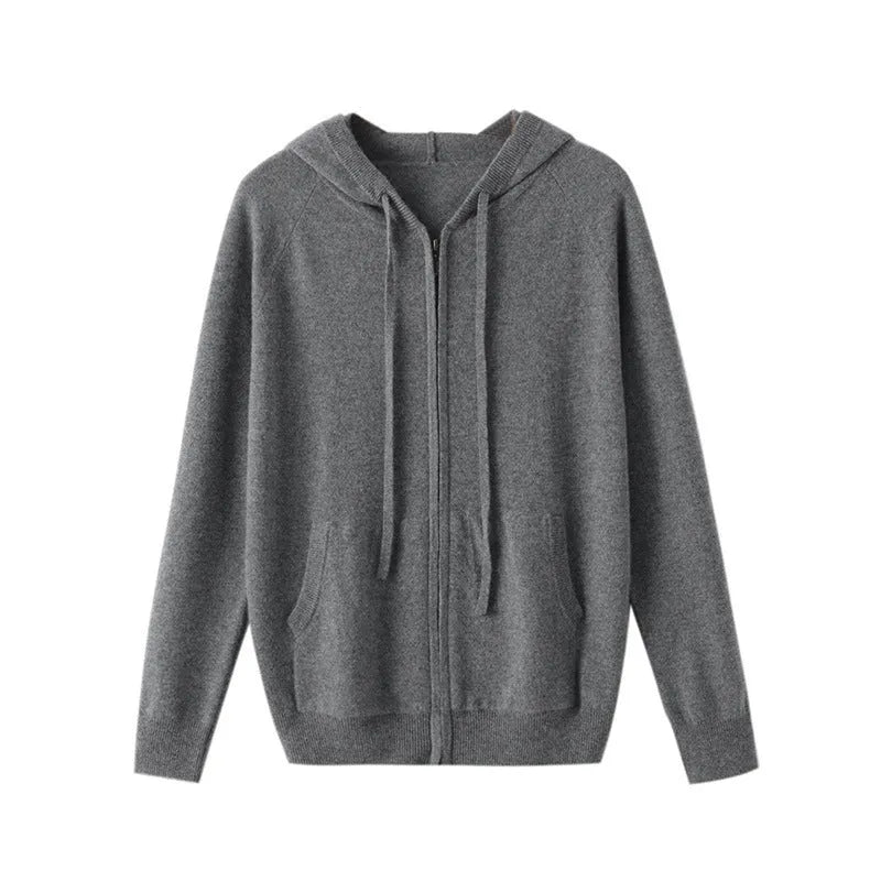 Man wearing a solid colour cashmere knitted cardigan with a zipper and hood.