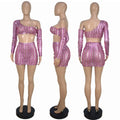 Women's black hollow-out two-piece dress set with sleeveless top and short skirt on a hanger