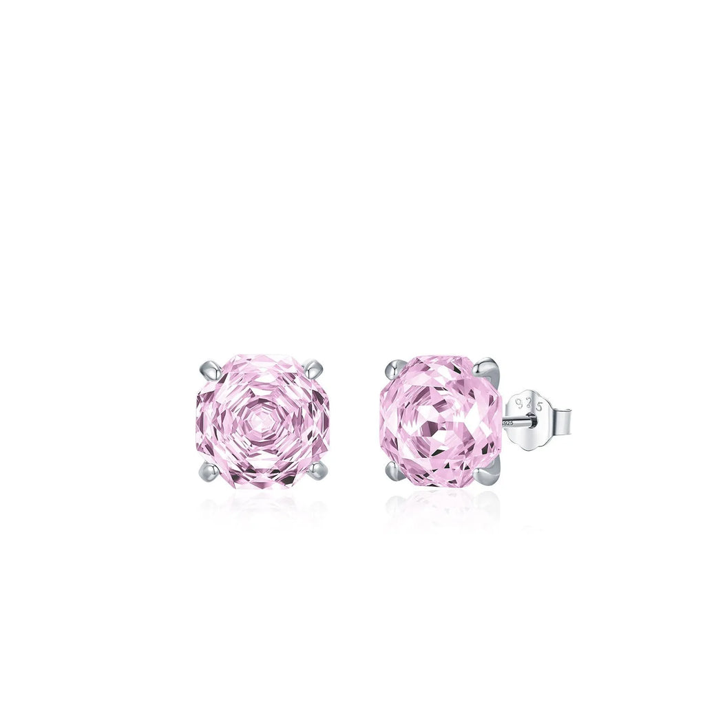 A pair of sterling silver stud earrings featuring a detailed rose flower design.