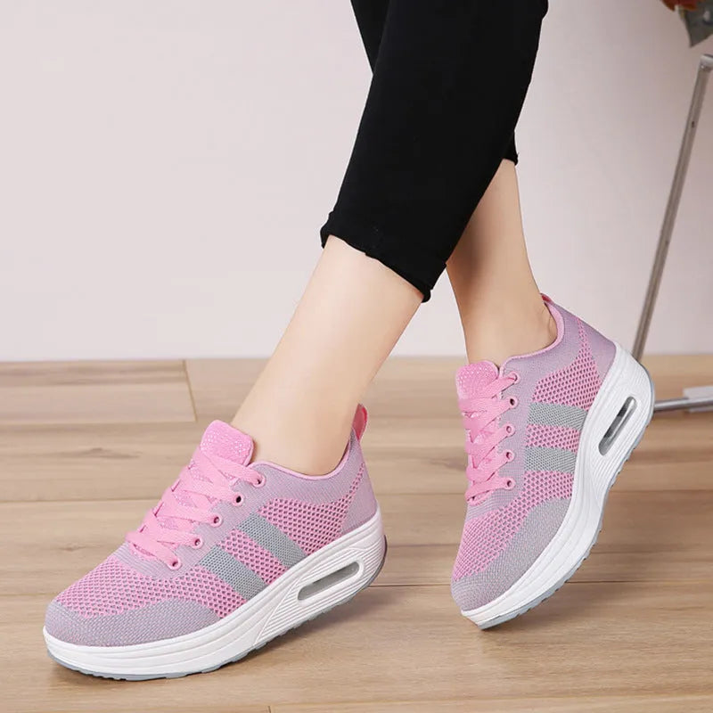 Women's solid colour flyknit air cushion platform casual shoes with vulcanised sole