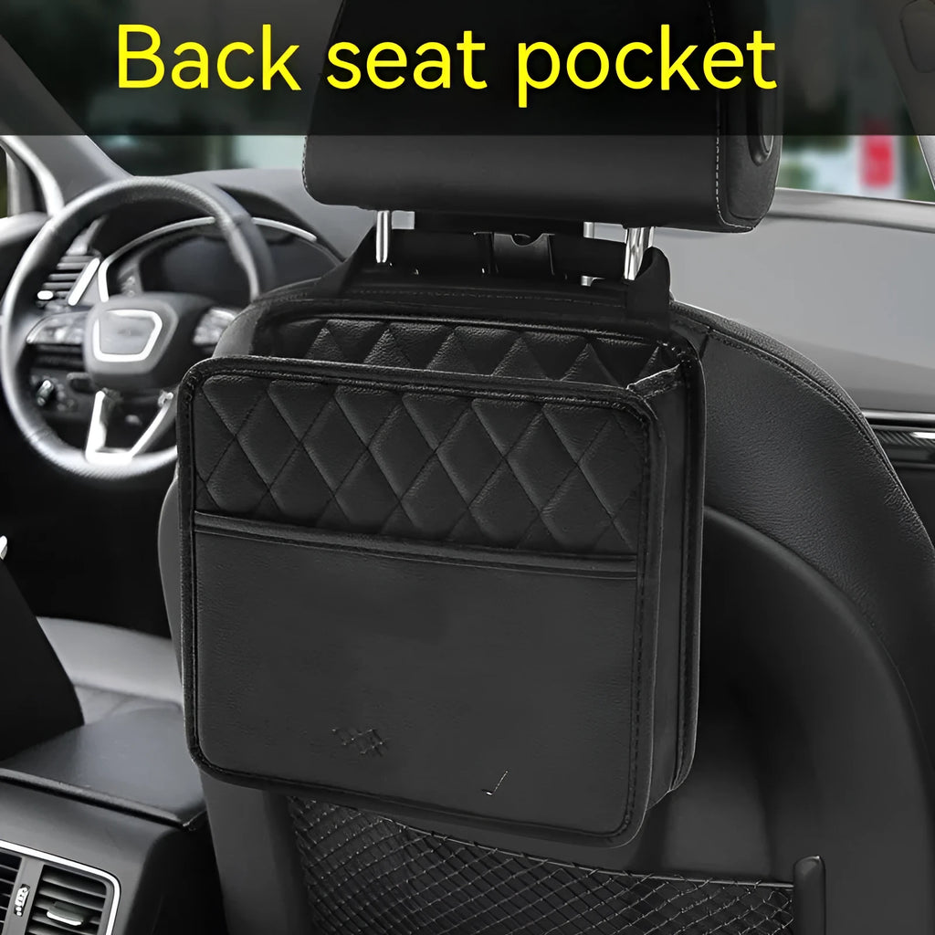 Leather car interior hanging storage bag in black colour showing door pocket mounting