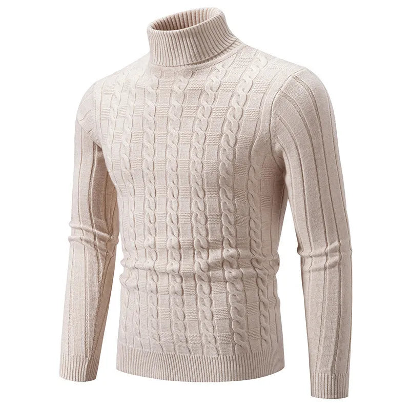 Men's slim fit twist turtleneck pullover sweater in chenille spandex fabric on a model.