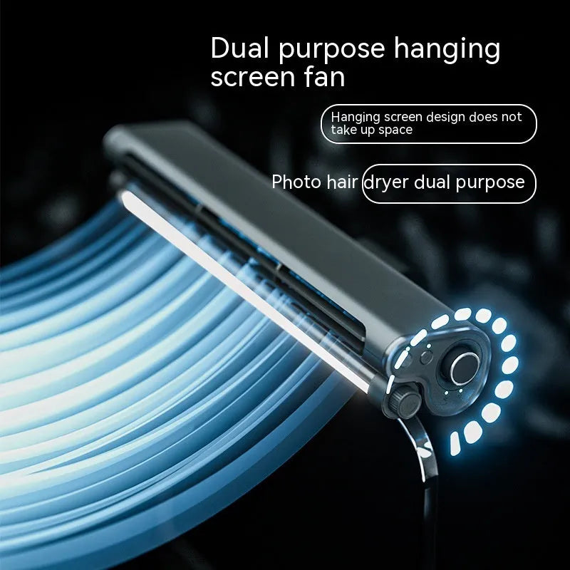 Black USB-powered bladeless fan clipped to a computer screen, showing integrated lighting lamp.
