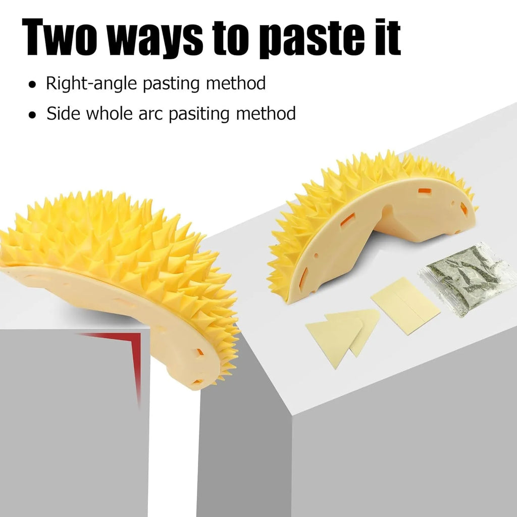 Yellow durian-shaped cat corner scratcher and self-groomer mounted on a wall