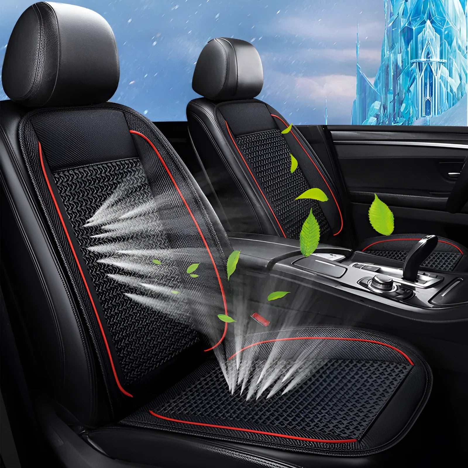 Car ventilation seat cushion with massage function in black colour showing 60x60cm dimensions