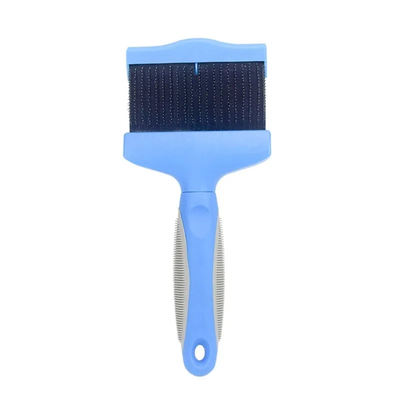 Double sided pet grooming brush with stainless steel pins on a blue handle