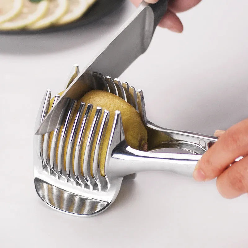 Silver plastic lemon slicer kitchen gadget for cutting fruits and vegetables