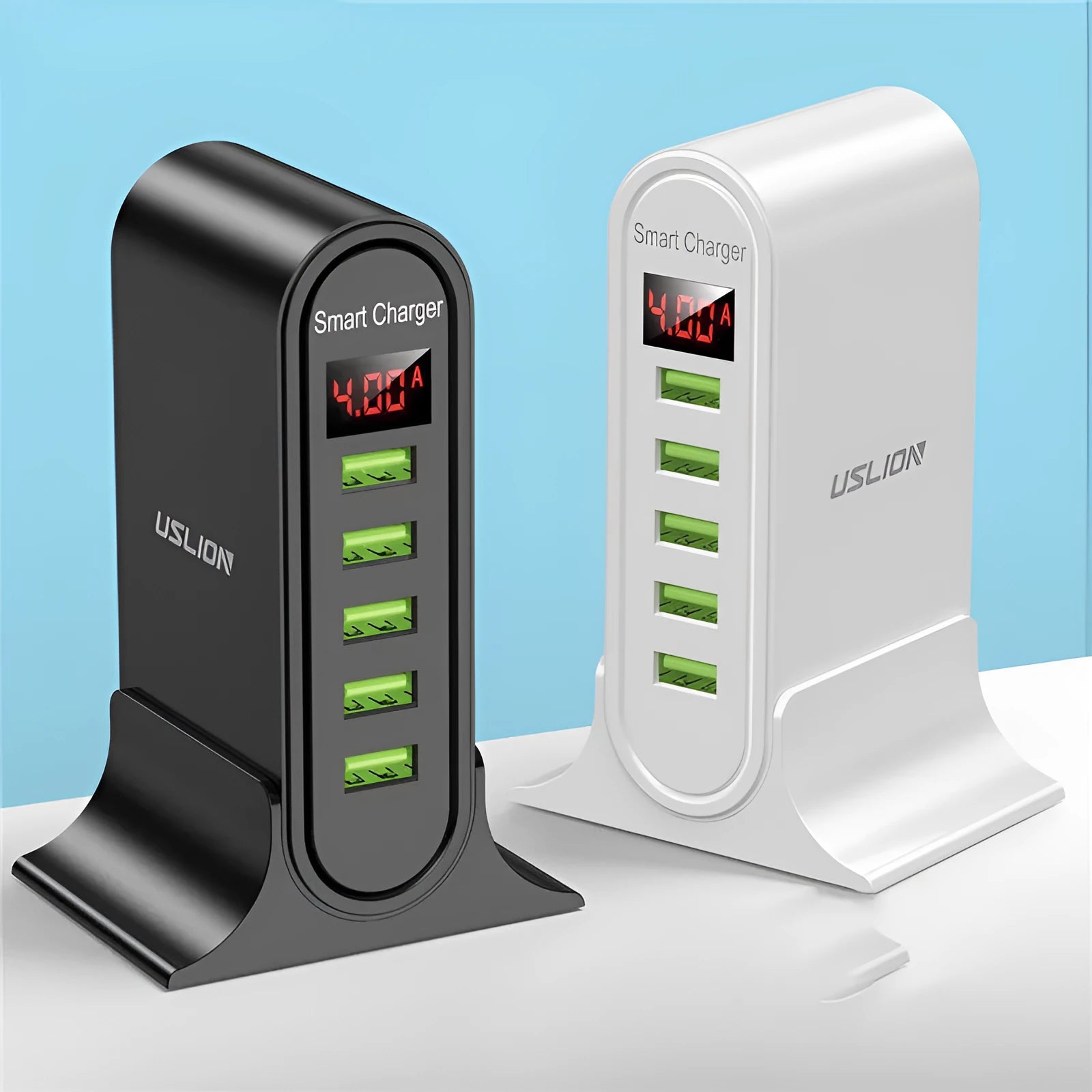 Smart LED digital display USB wall charger in black or white with UK, EU, or US plug options.