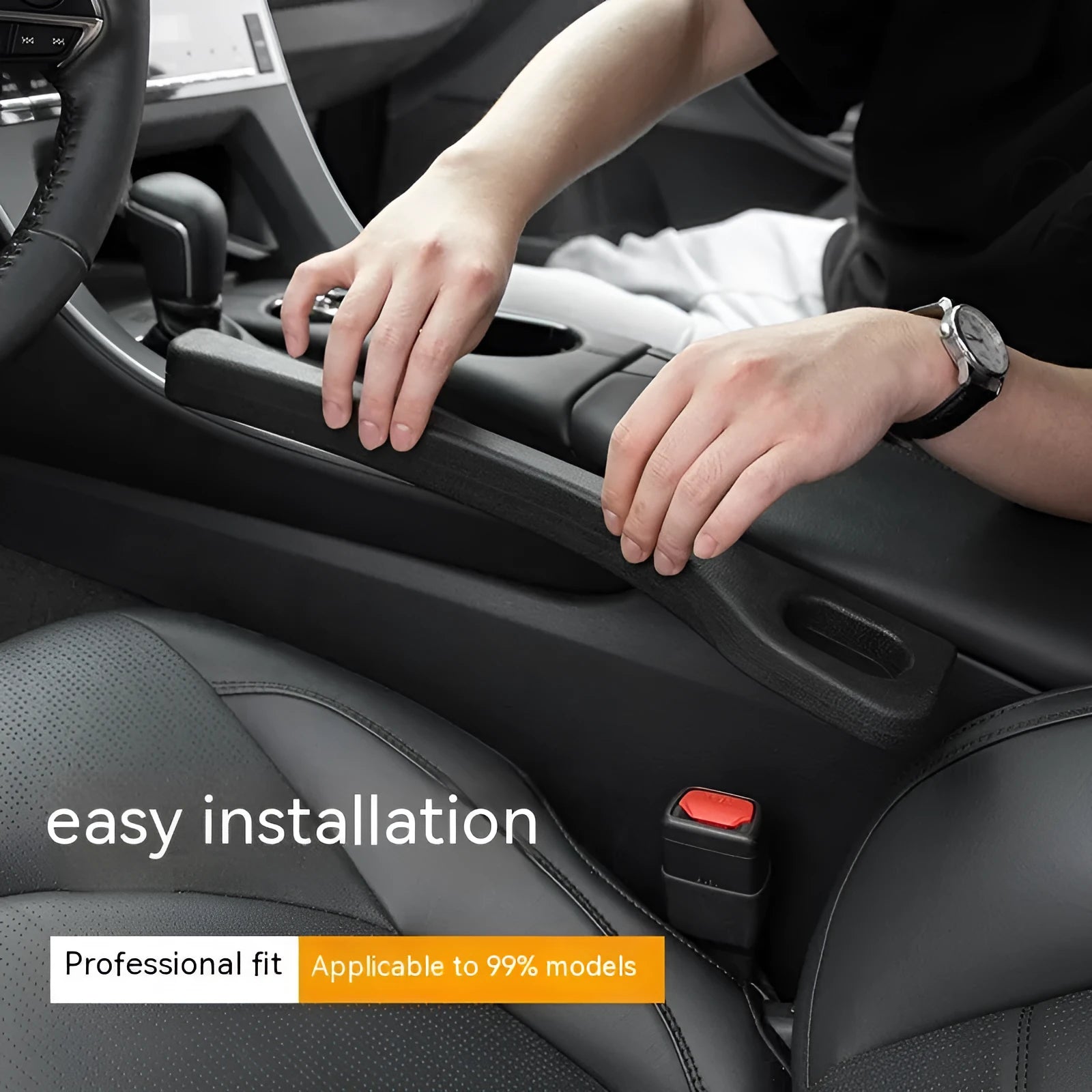 Two flexible car seat gap sealing strips with handle, shown in selected colour