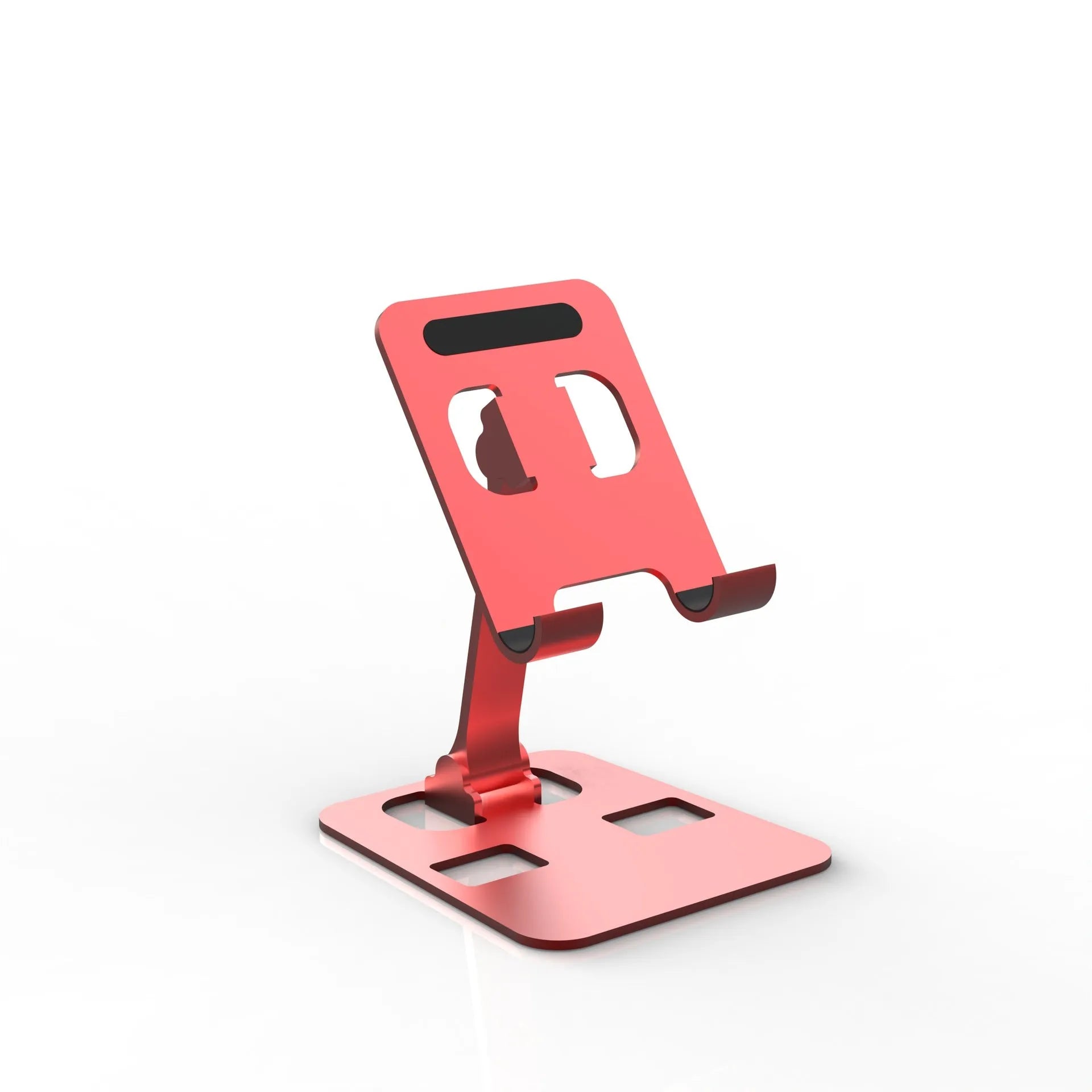 Aluminium alloy rotating mobile phone bracket in silver on a desk, showing three-axis joint and metal texture finish