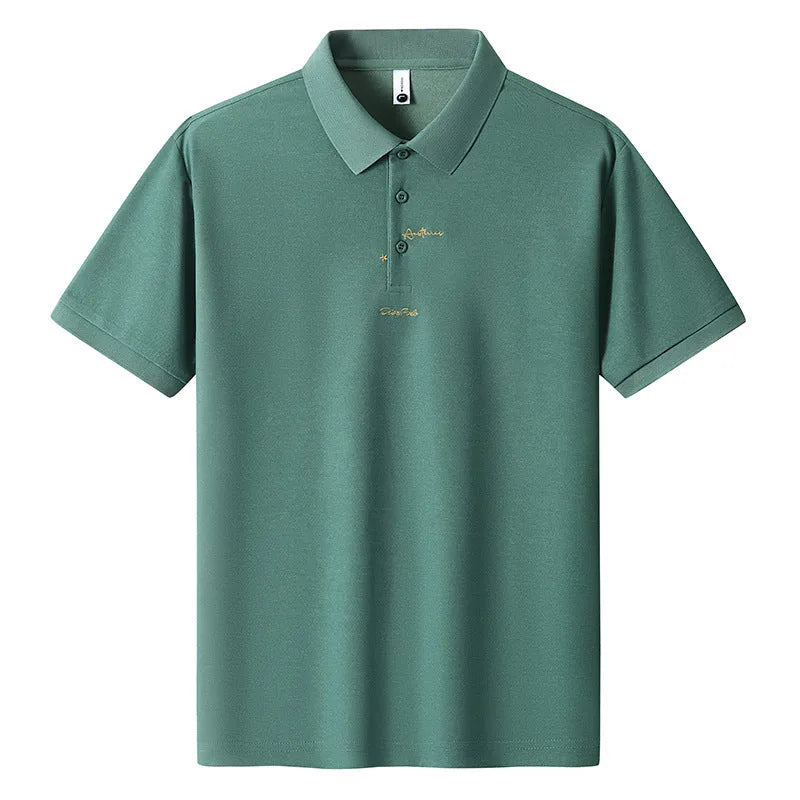 Men's loose grey cotton T-shirt with a letter print on the front, showing short sleeves and a round neck.