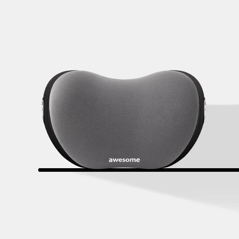 Black cloth headrest pillow and matching lumbar support pillow for car seats.
