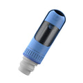 Dark blue portable dog water bottle with built-in bowl and leak-proof lock.