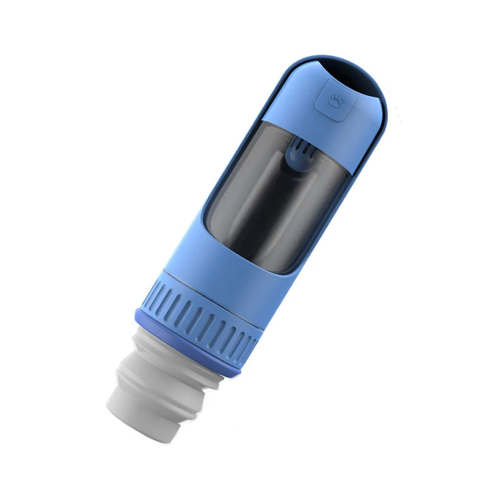 Dark blue portable dog water bottle with built-in bowl and leak-proof lock.