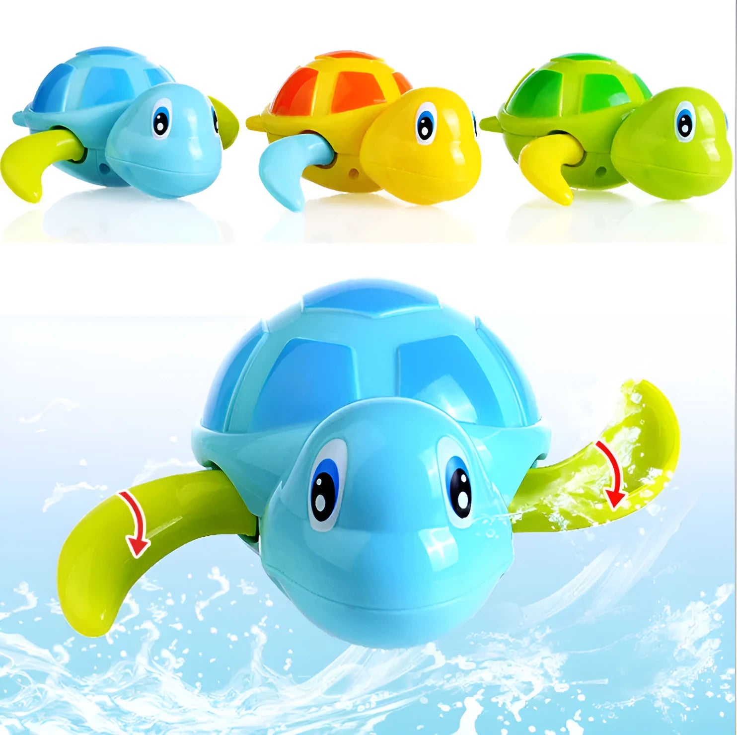 Small green plastic swimming turtle bath toy floating in water